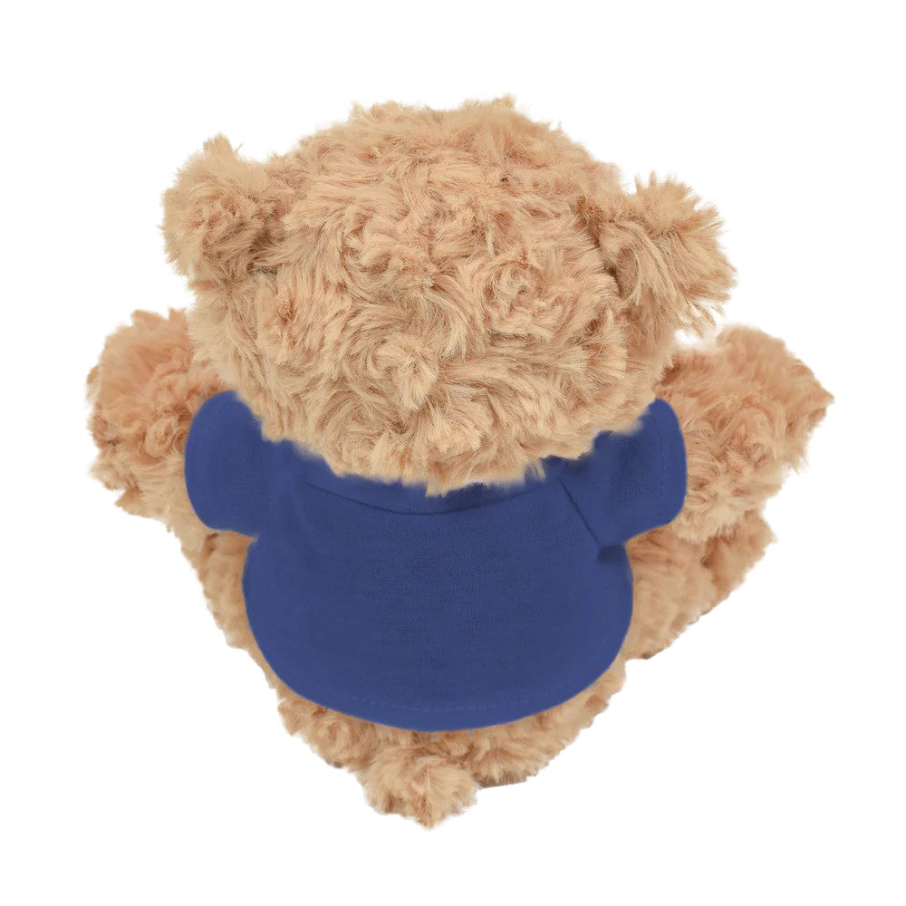 Brown teddy bear wearing a blue shirt on a white background