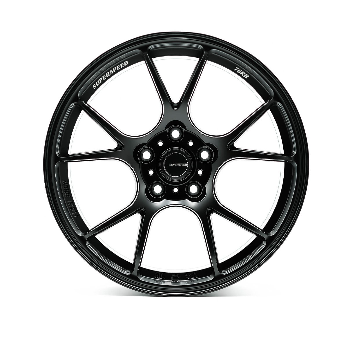 Black alloy wheel with 'Superspeed' branding on a white background