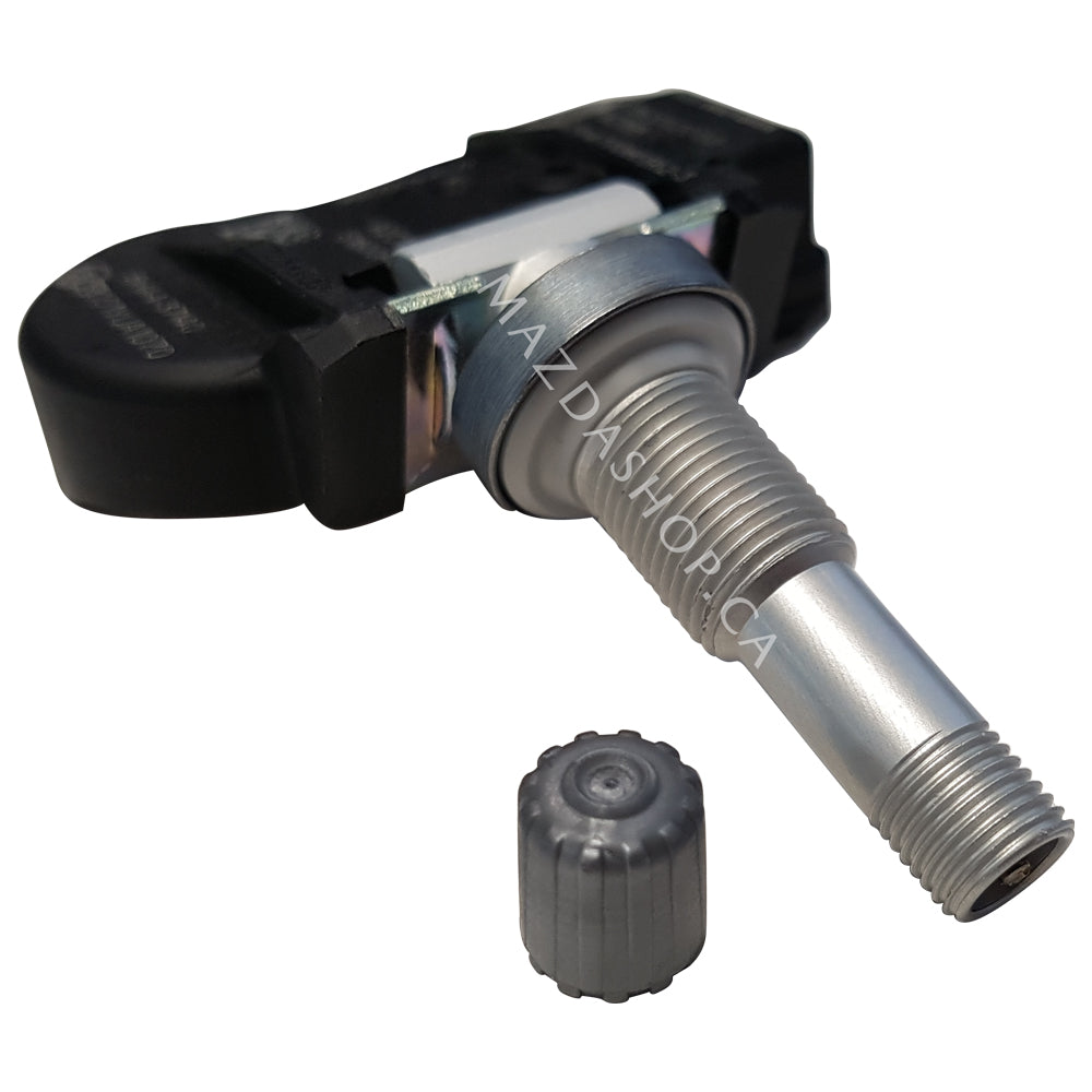 Tire pressure monitoring sensor with black cover on a white background