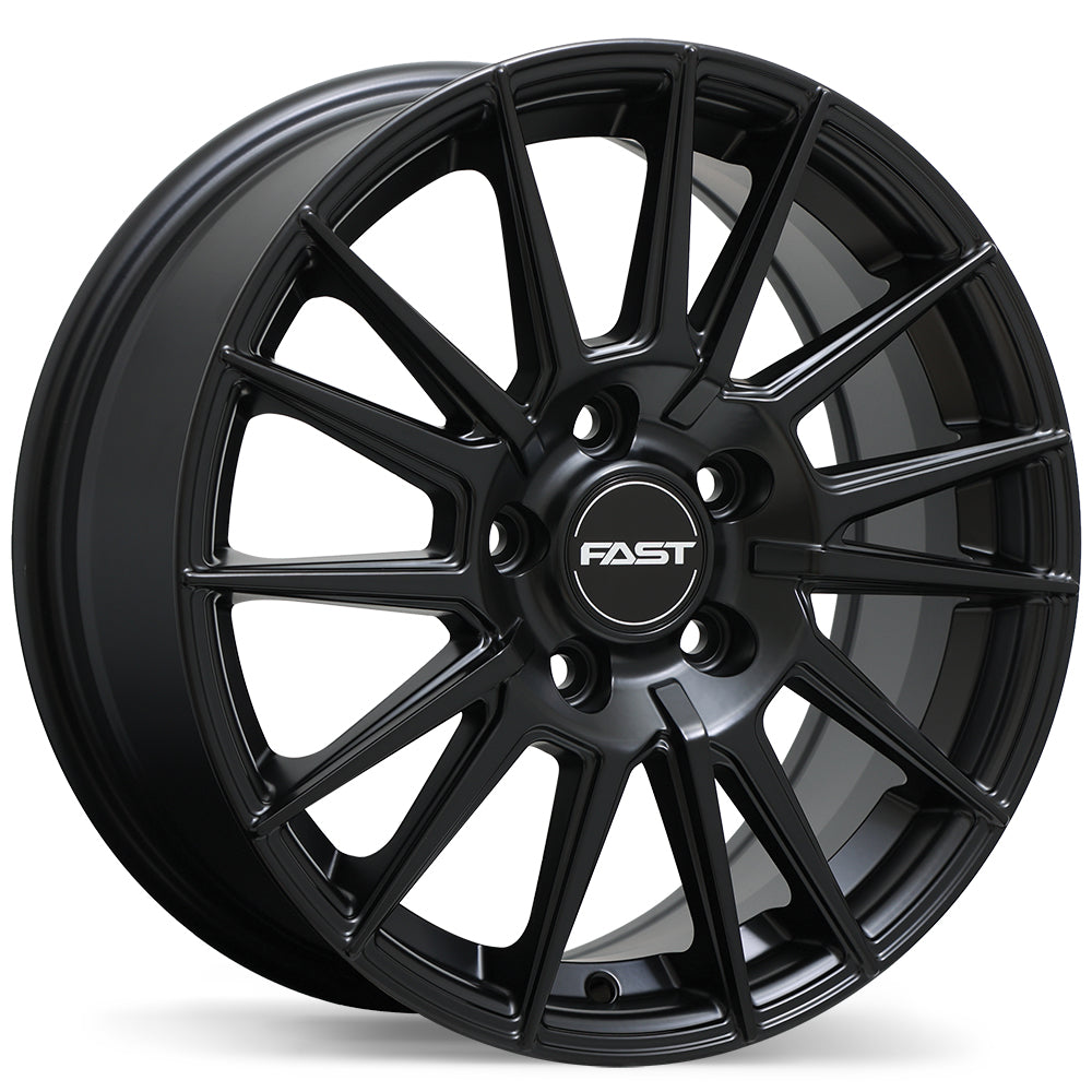 Black alloy wheel with 'FAST' branding on a white background