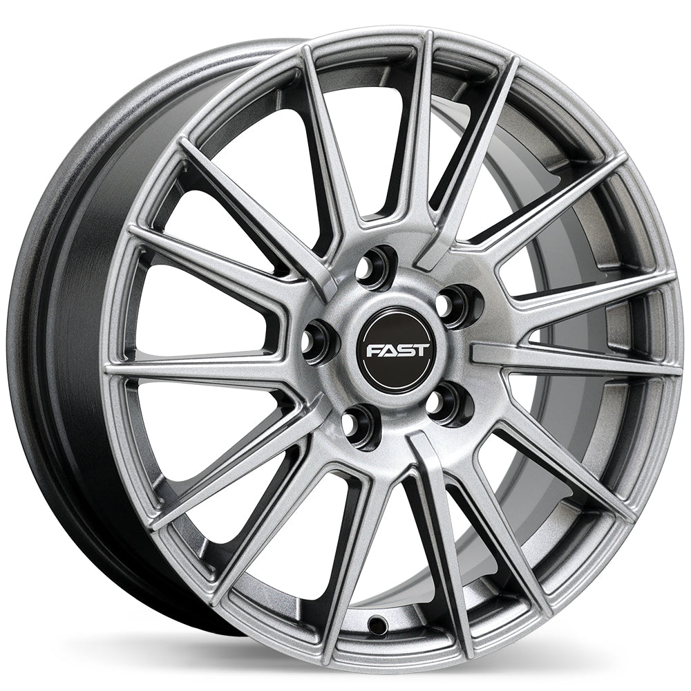 Silver alloy wheel with 'FAST' branding on a white background
